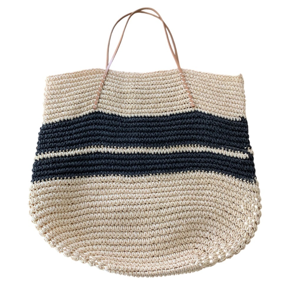 BujiBaja Black and Cream Woven Bag Leather Handle Tote New